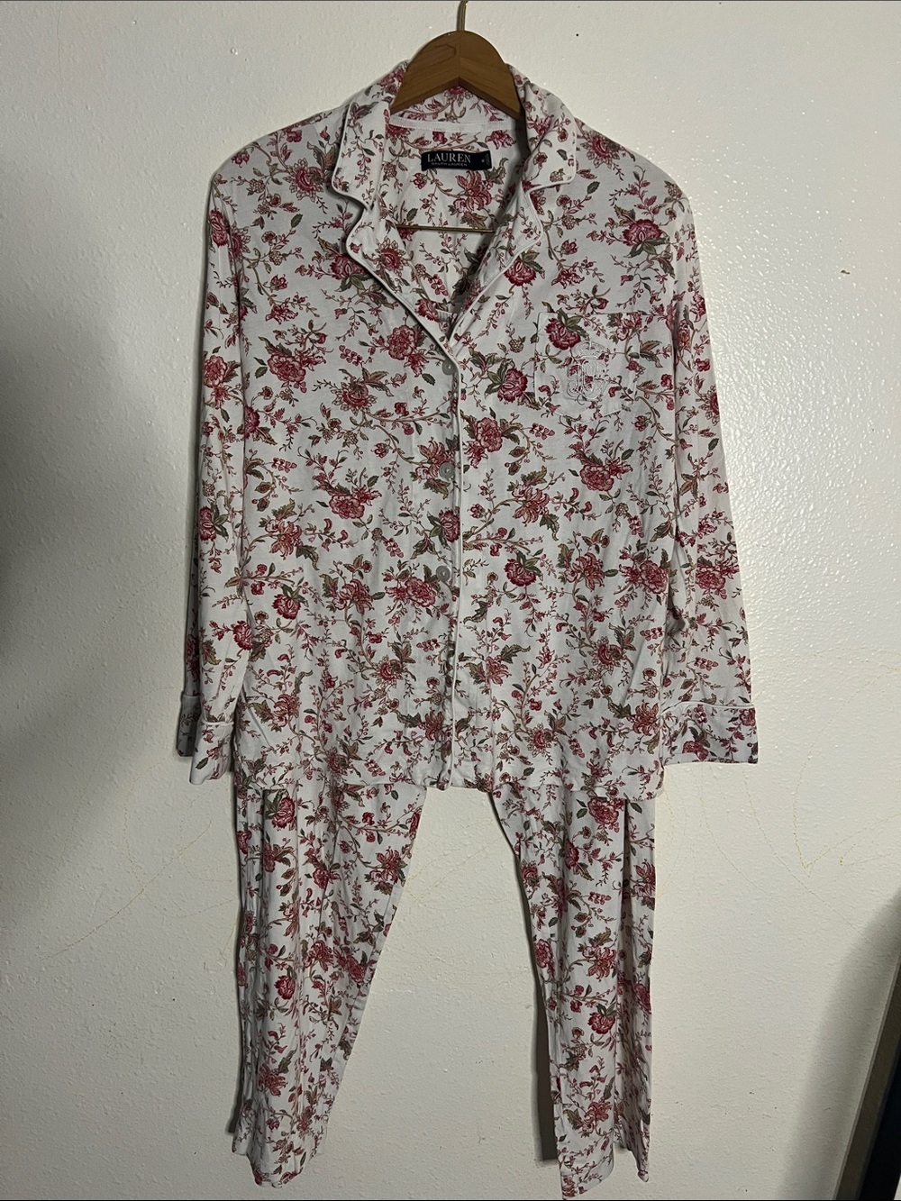 Ralph Lauren White Pajama Set with Pink Rose Print